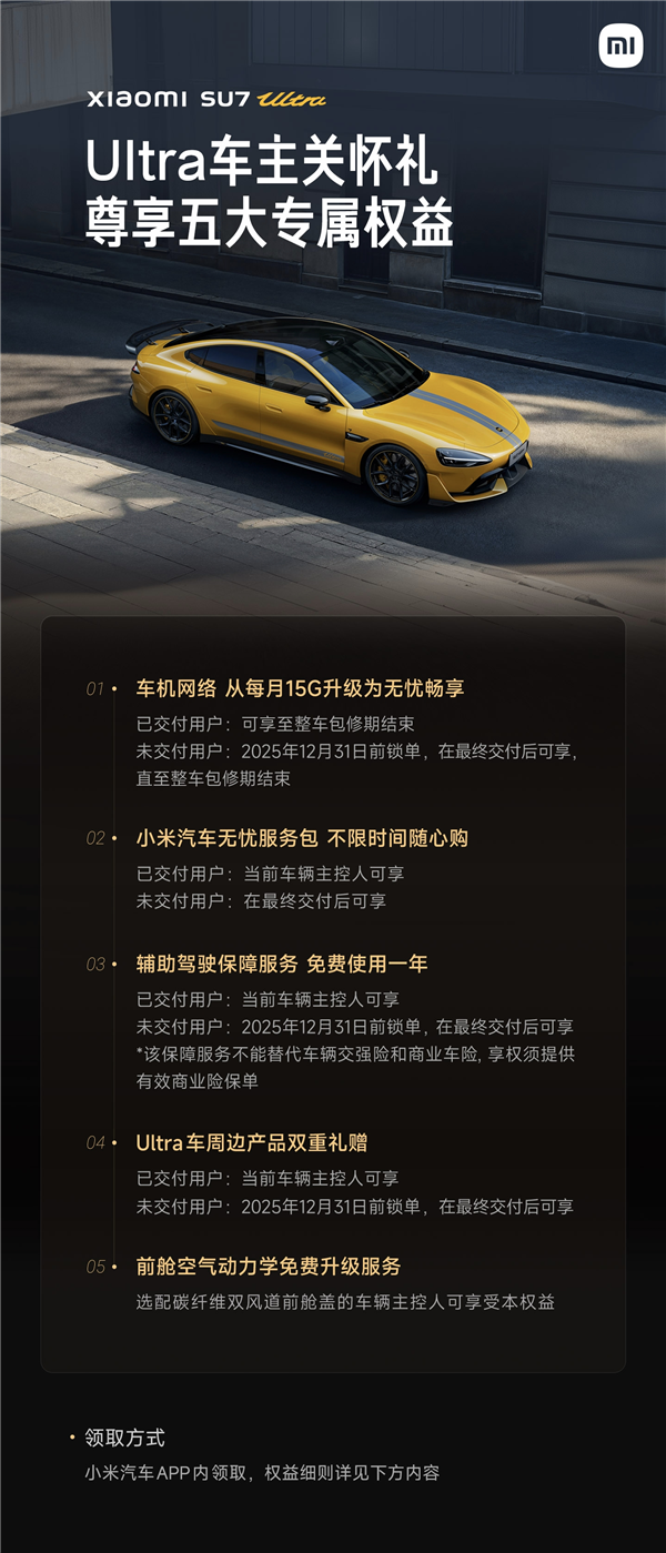 一图看懂：小米上线Ultra车主关怀礼 五大权益